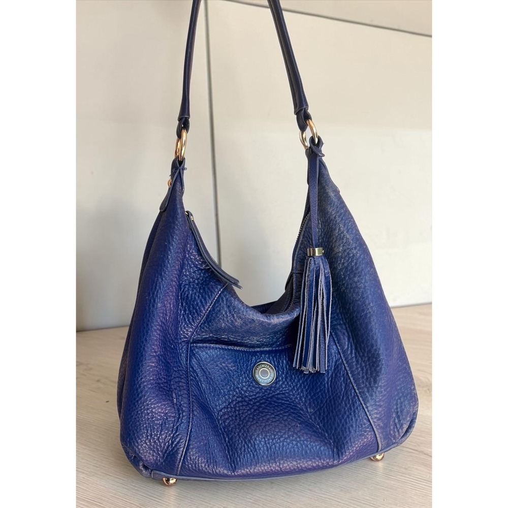 Isaac Mizrahi Blue Pebbled Leather Hobo Shoulder Bag Tassel Silver Hardware